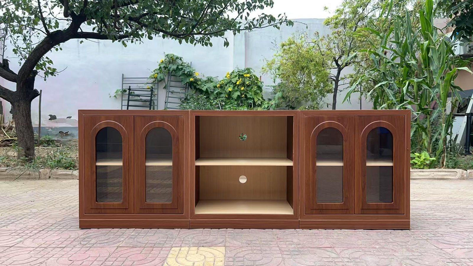 Real 1800mm arched open TV cabinet sample by Shandong Muzhou